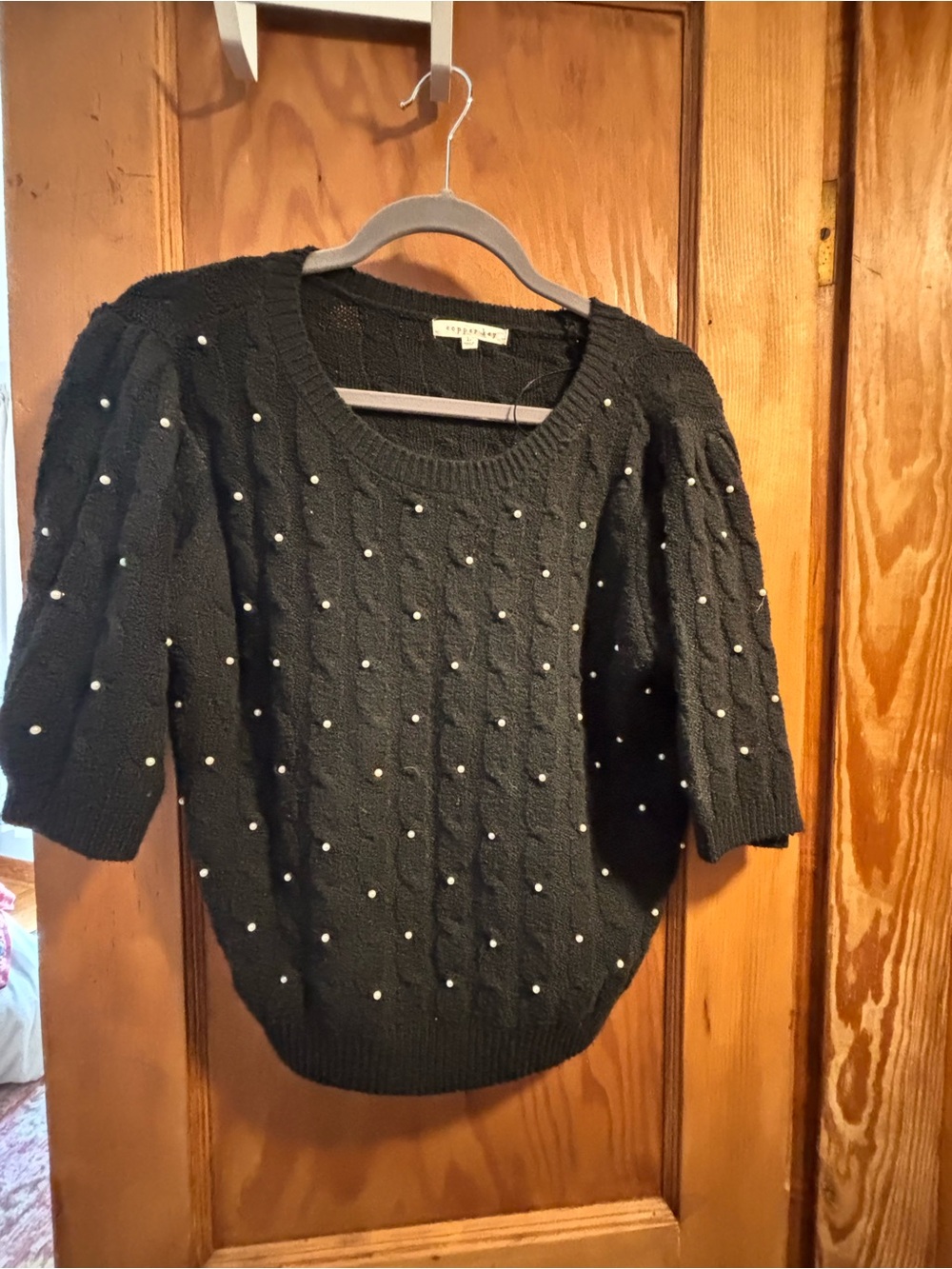 Copper Key Black Cable Knit Sweater with Pearl Accents